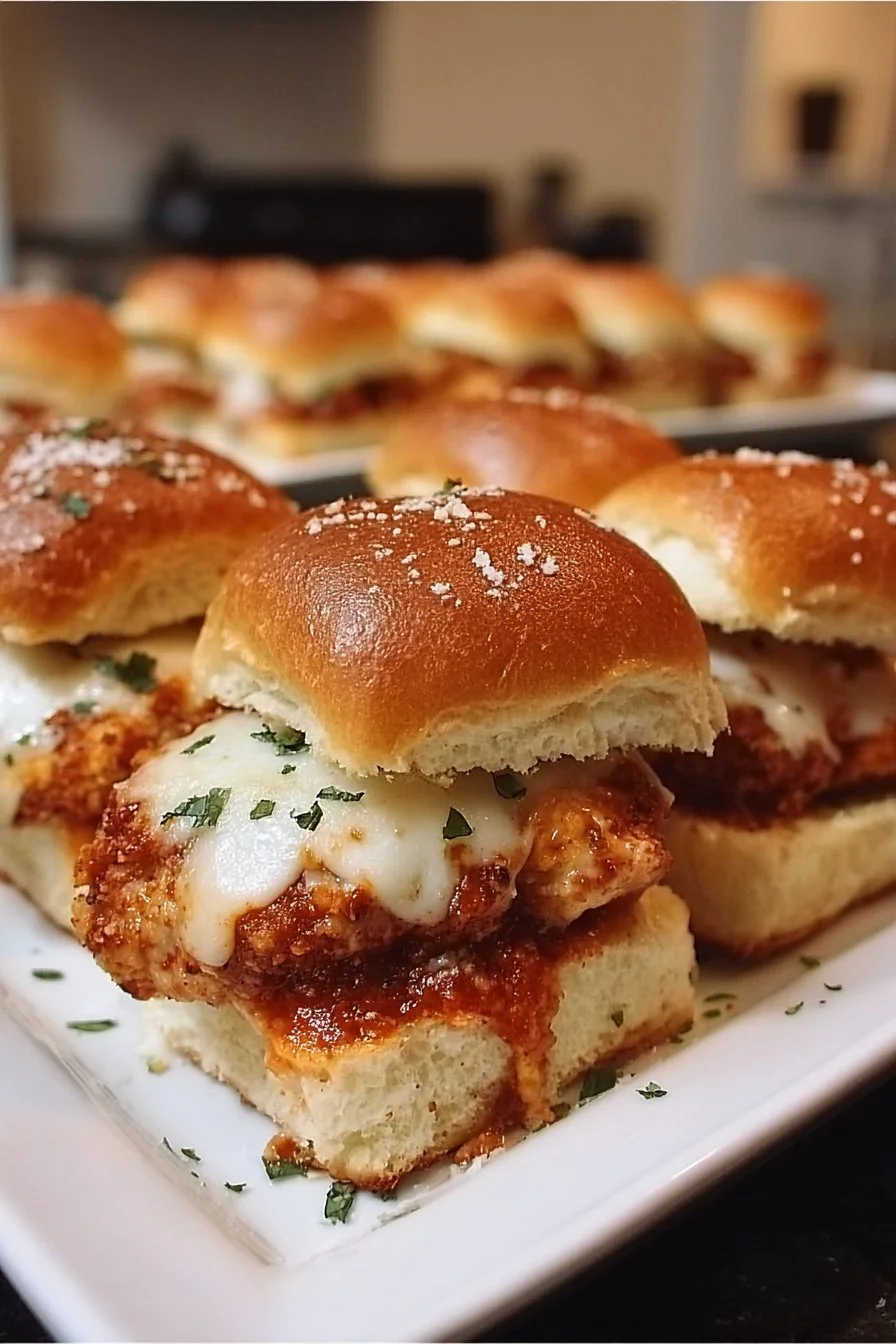 Chicken Parmesan Sliders served on a platter with marinara sauce and cheese