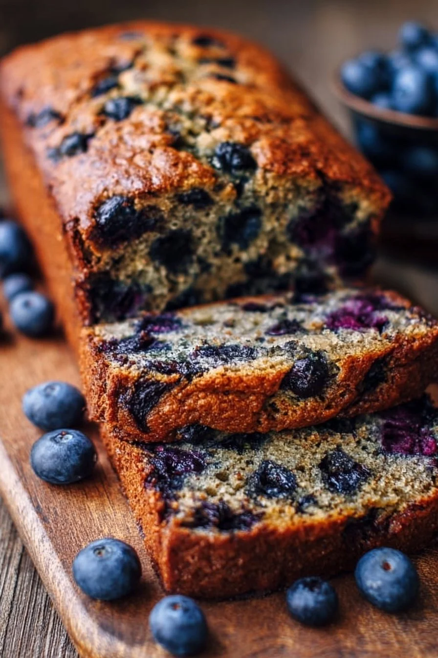 Slice of classic blueberry zucchini bread on a wooden table