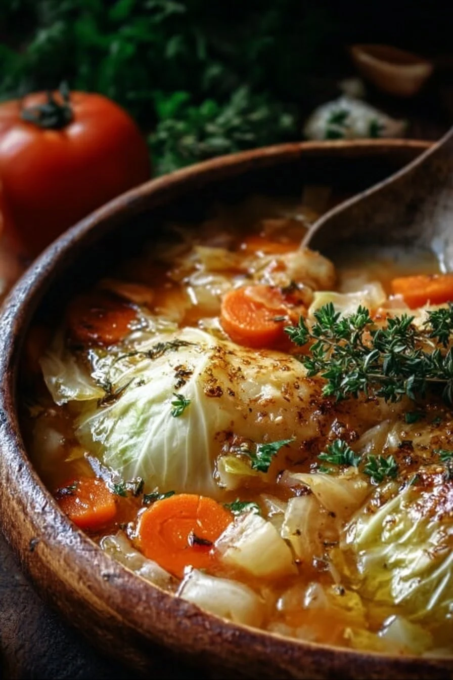 Bowl of comforting cabbage soup filled with fresh vegetables and herbs