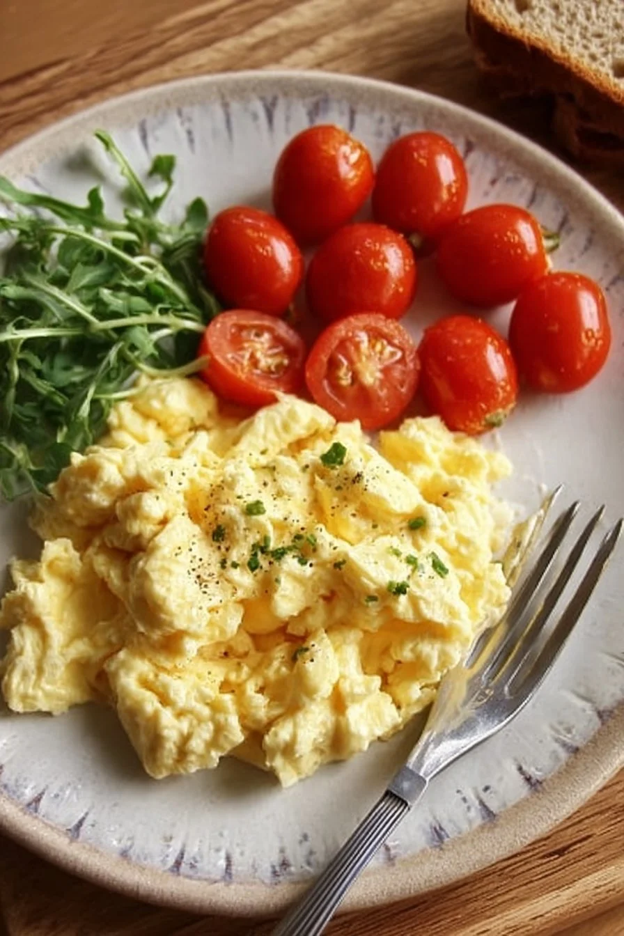 Fluffy cottage cheese scrambled eggs served in a bowl