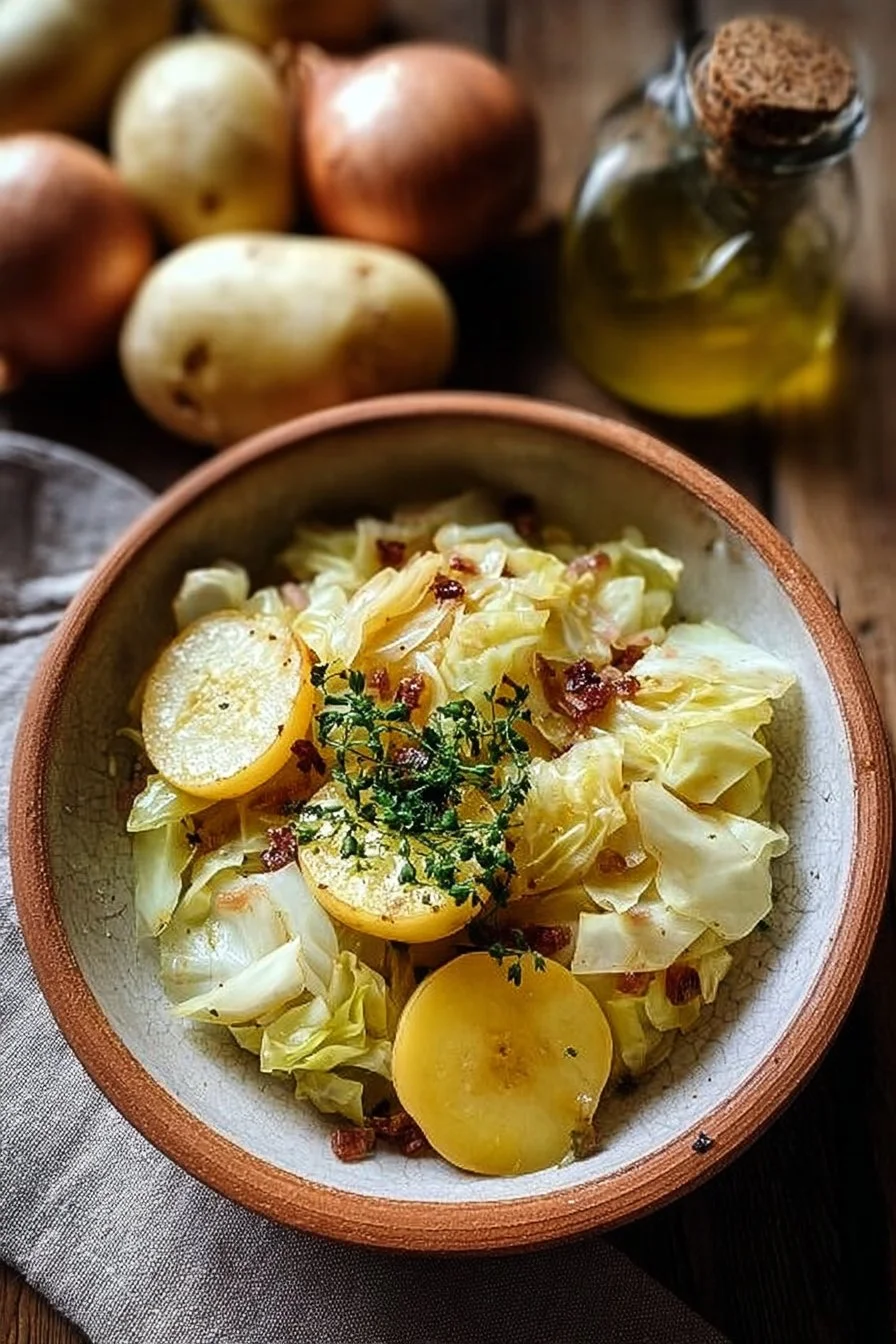 A warm dish of cozy cabbage and potatoes garnished with herbs.