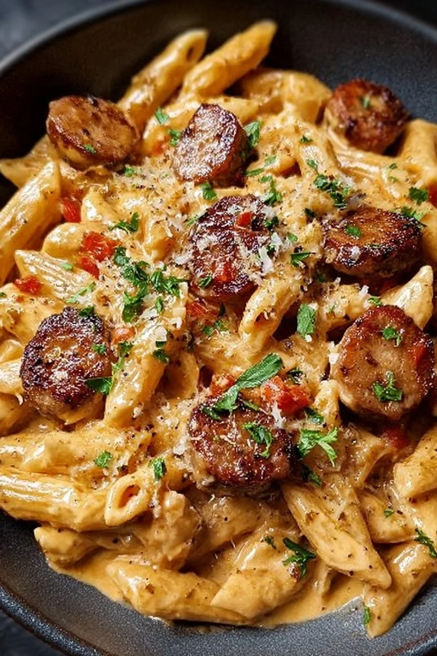 Creamy Cajun sausage pasta with bell peppers and creamy sauce