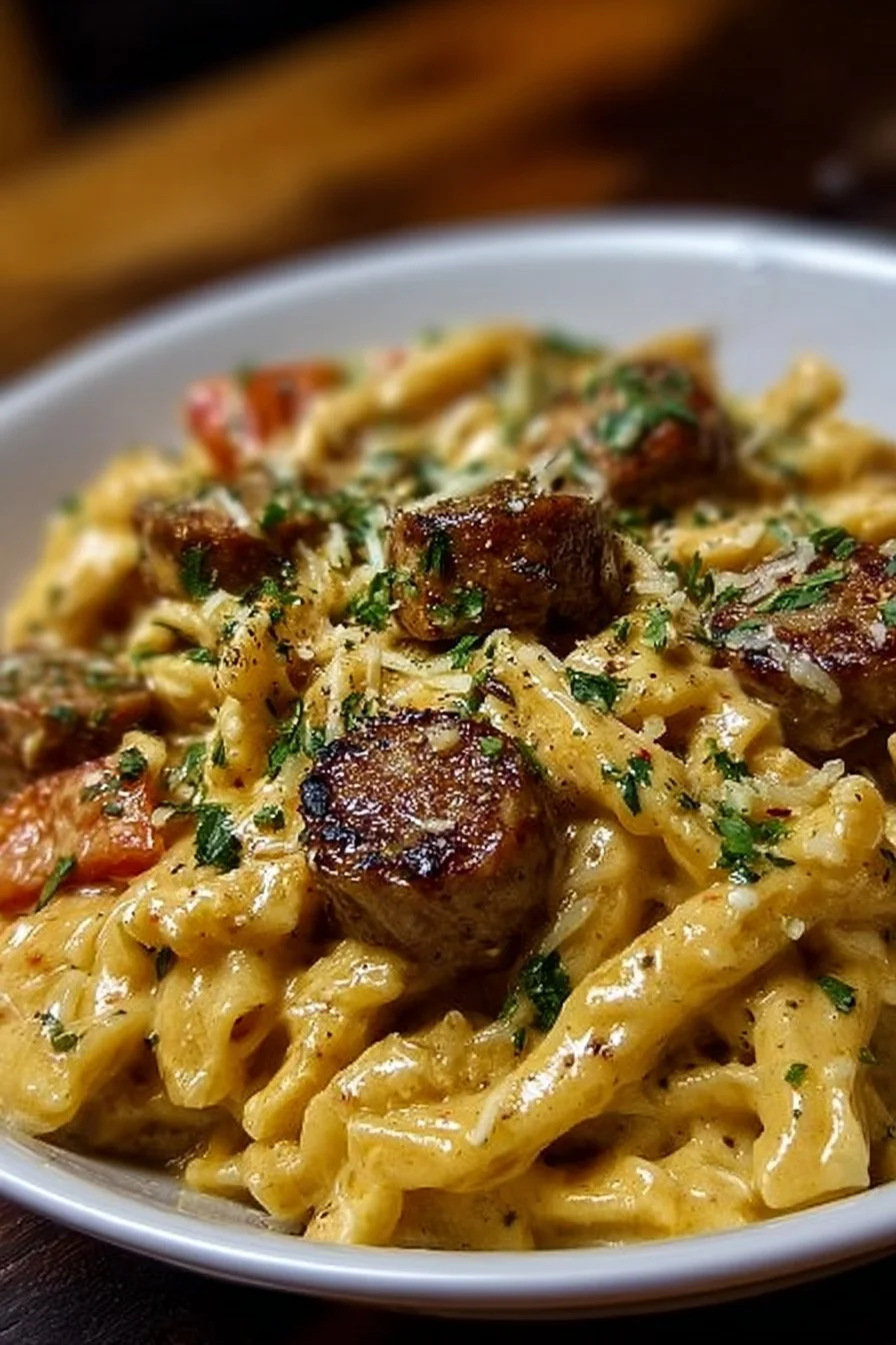 Creamy Cajun sausage pasta dish served in a bowl with fresh herbs.