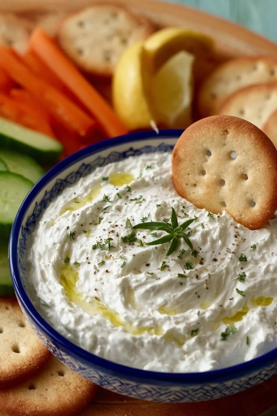 Creamy cottage cheese dip served in a bowl with fresh herbs and vegetables