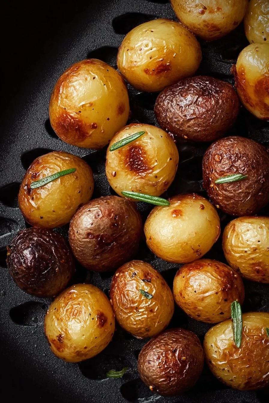 Crispy air fryer baby potatoes served on a plate with herbs and seasoning.