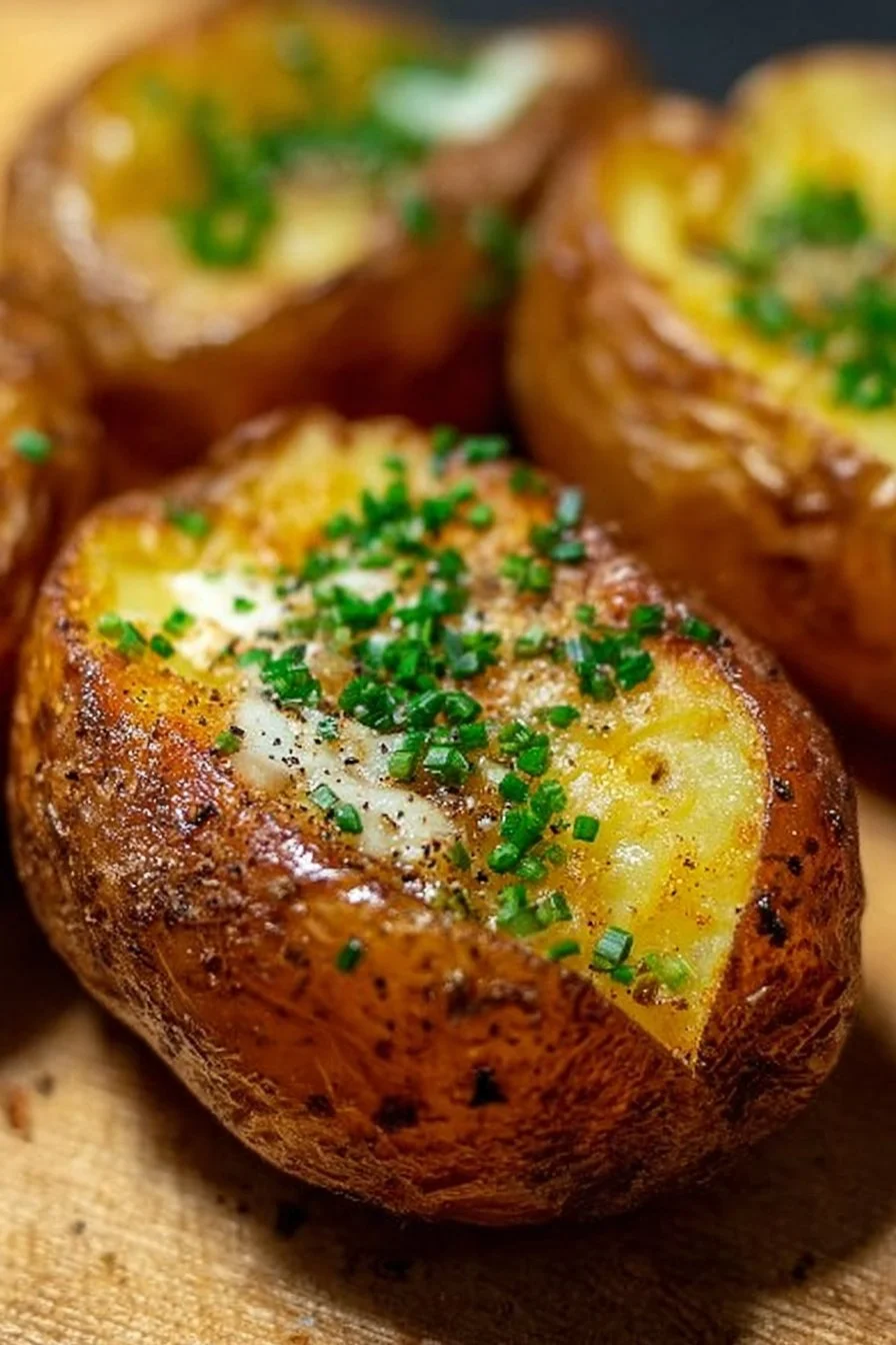Crispy air fryer baked potatoes served on a plate with garnish