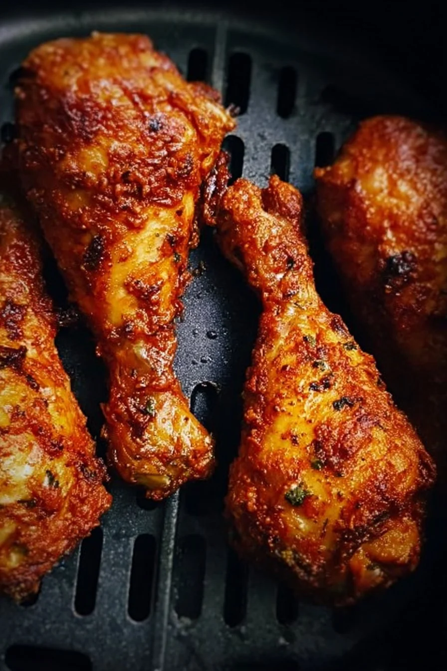 Crispy air fryer drumsticks served on a plate with herbs