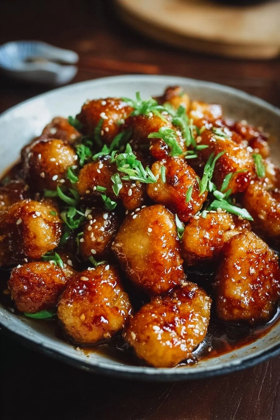 Crispy Chinese honey garlic chicken garnished with green onions on a plate.