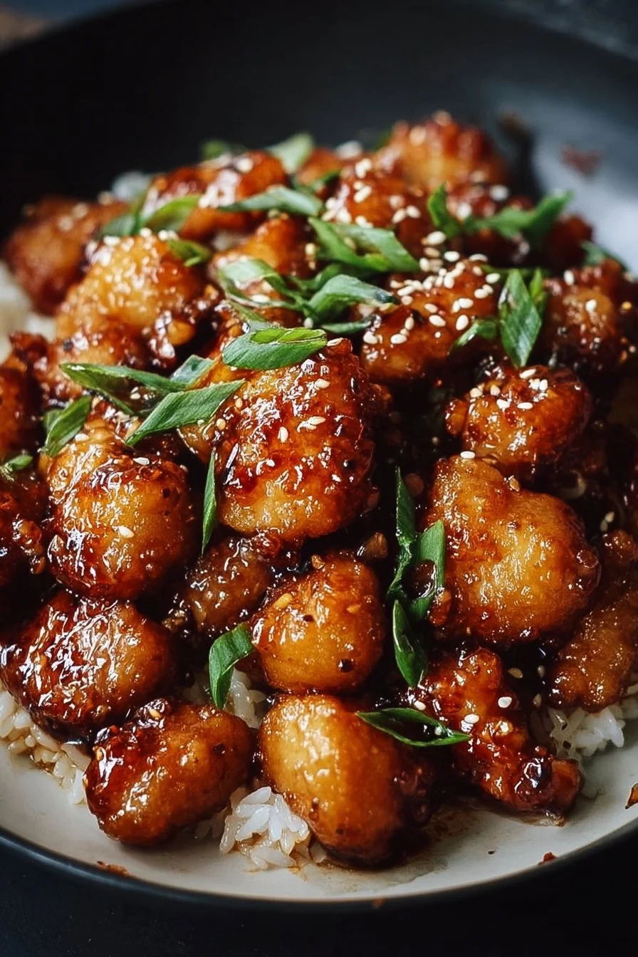 Crispy Chinese honey garlic chicken served on a plate with vegetables