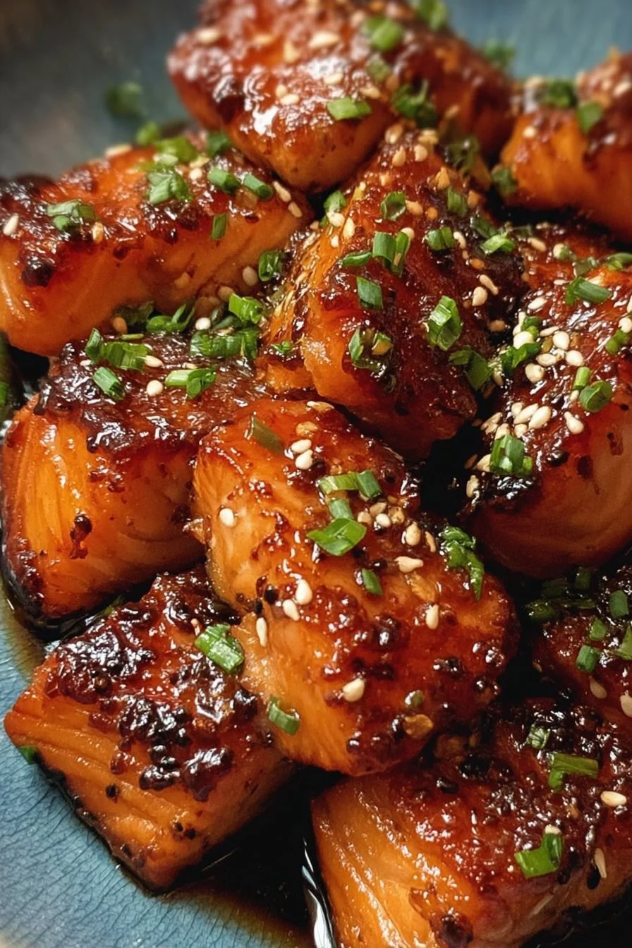 Crispy honey garlic salmon bites garnished with herbs