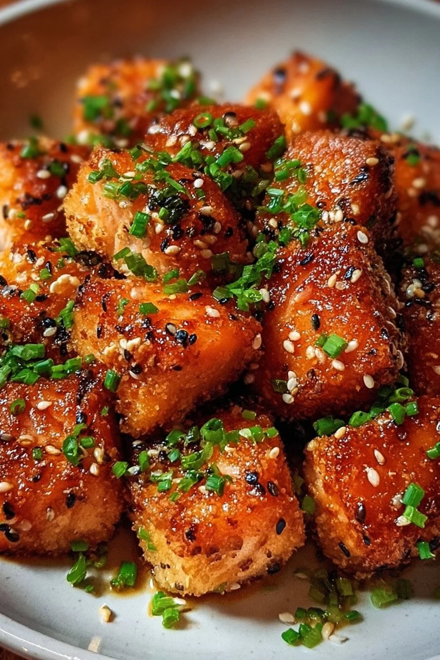 Crispy Honey Garlic Salmon Bites served on a plate