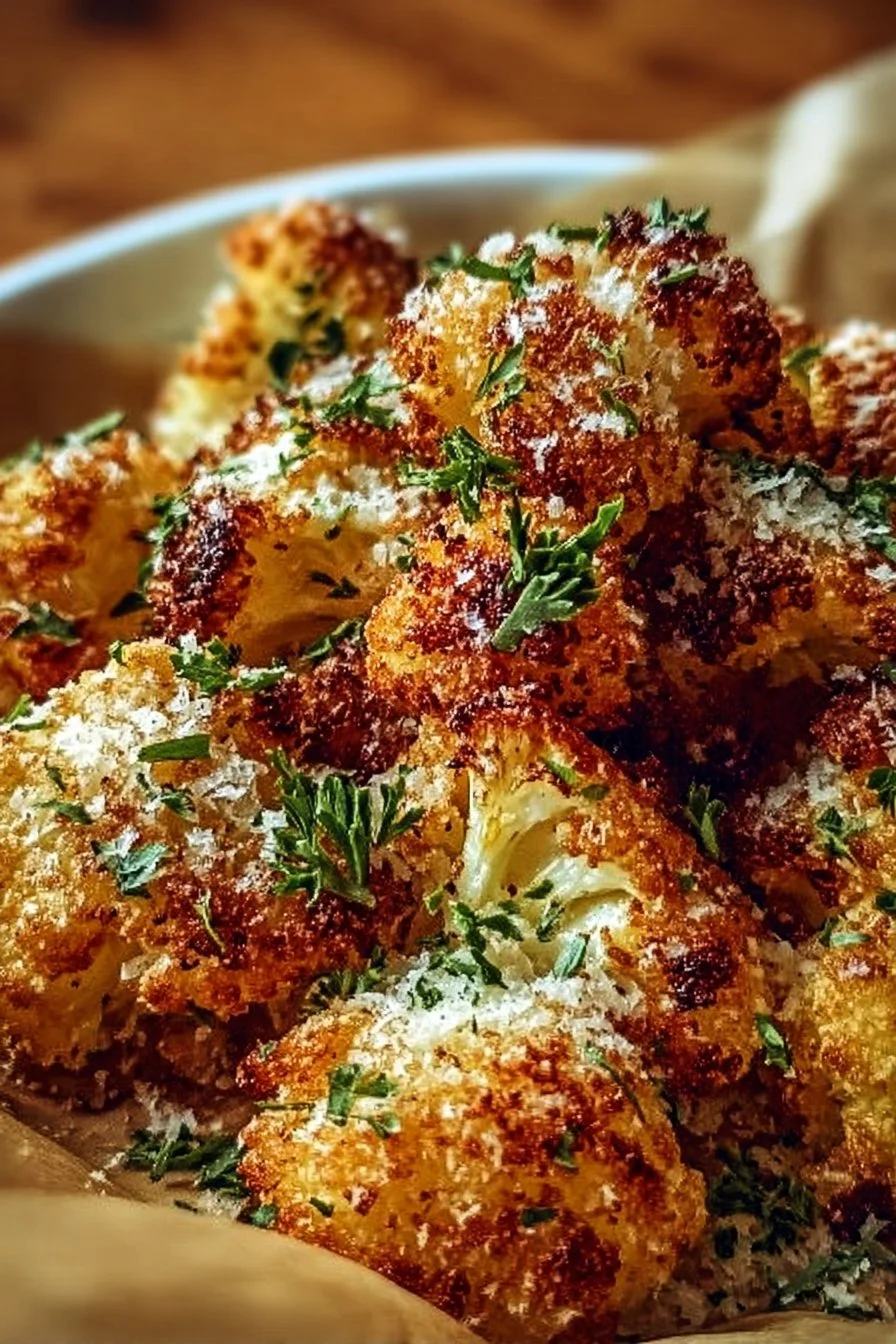 Bowl of crispy Parmesan roasted cauliflower florets garnished with herbs