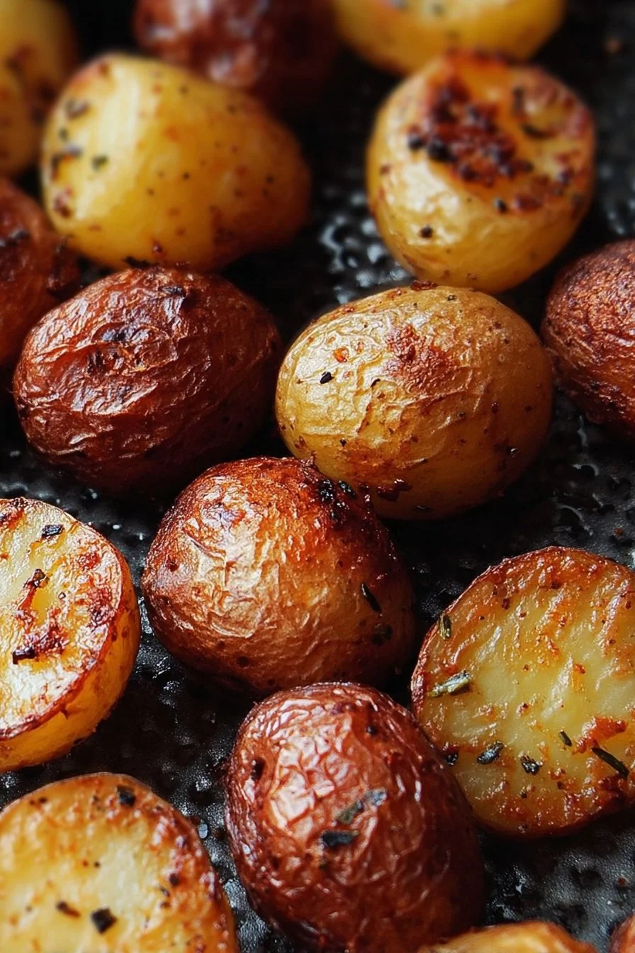 Crispy roasted baby potatoes with herbs and spices on a serving platter