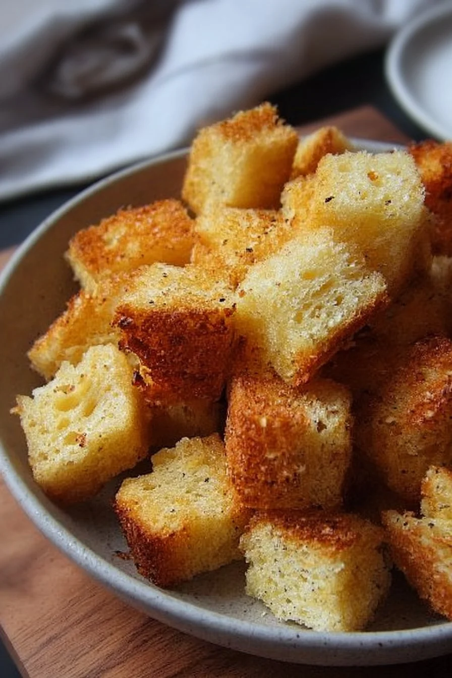 Homemade crunchy croutons on a fresh salad for added texture and flavor.