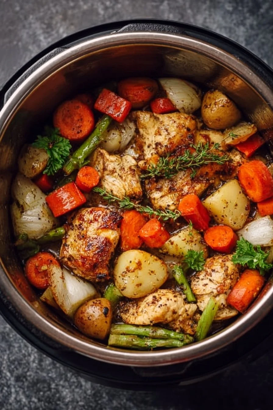 Crunchy Instant Pot chicken with mixed veggies in a bowl.
