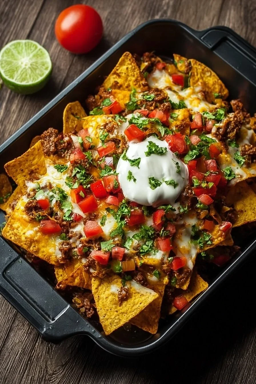 Plate of delicious air fryer nachos topped with cheese and jalapeños.