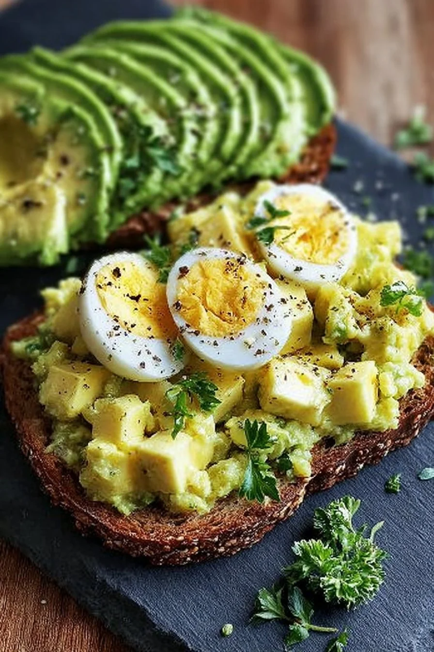 A vibrant bowl of delicious avocado egg salad garnished with fresh herbs.