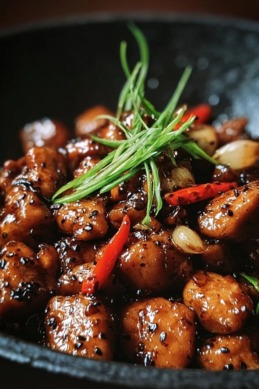 Plate of delicious Black Pepper Chicken garnished with herbs.