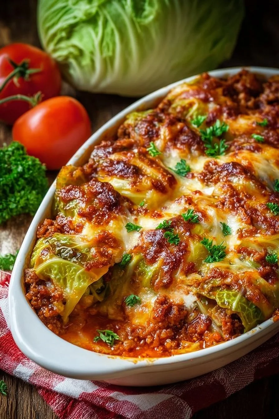 Delicious cabbage roll casserole served in a baking dish