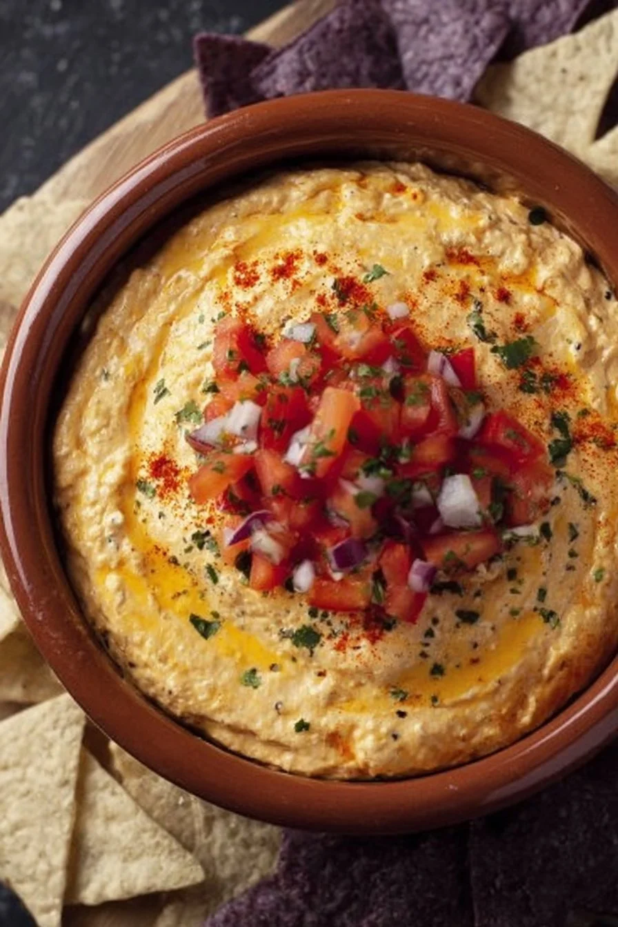 Delicious cottage cheese queso dip served in a bowl with tortilla chips