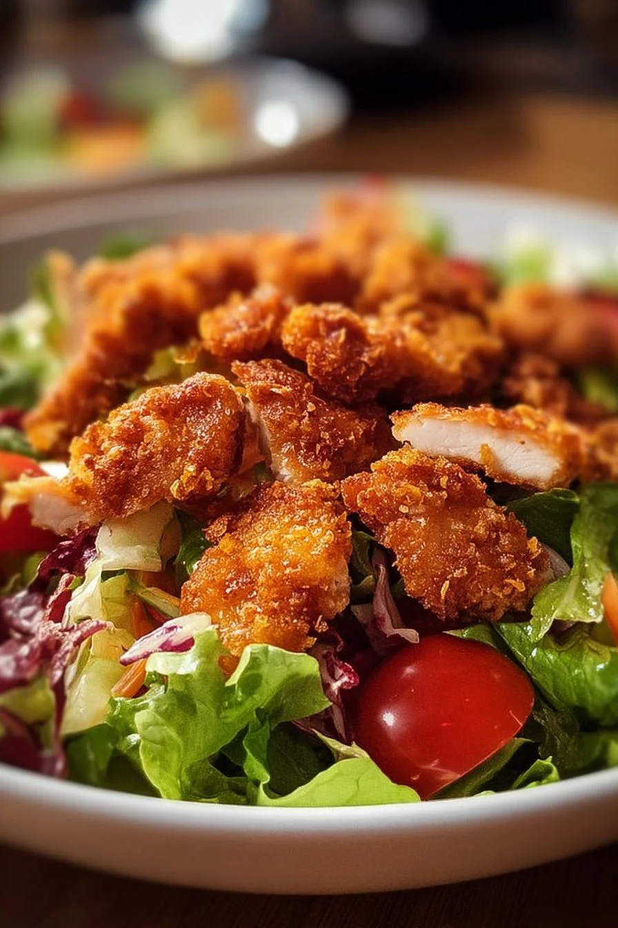 Delicious crispy chicken salad with fresh greens and toppings