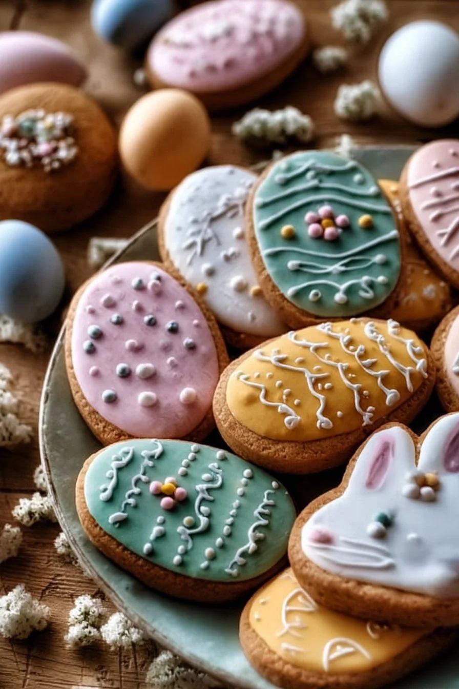 A variety of colorful and decorated Easter cookies on a table