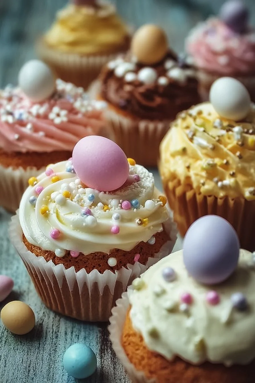Colorful and delicious Easter cupcakes decorated with spring themes