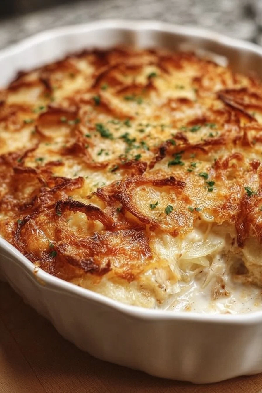 Delicious French Onion Chicken Casserole topped with melted cheese and herbs