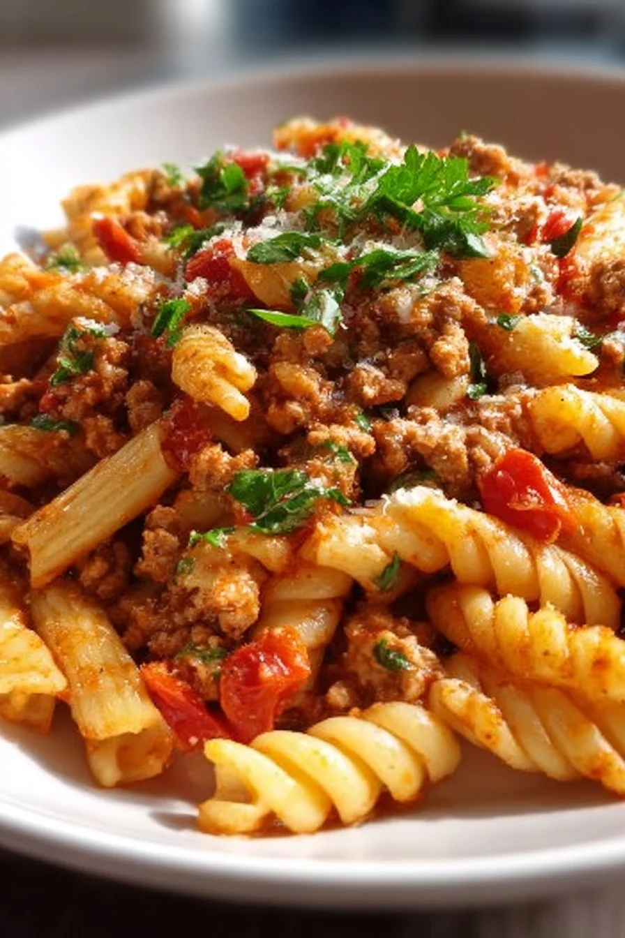 Bowl of delicious ground turkey pasta with vegetables and herbs