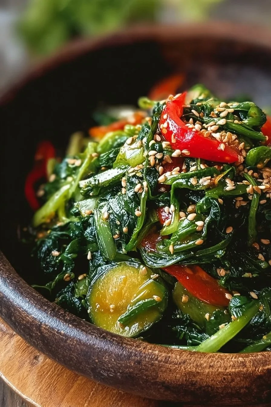 Delicious Korean Spinach Salad with sesame dressing and garnished with sesame seeds.