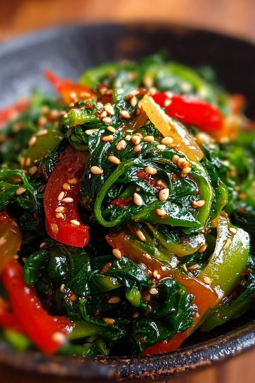 A bowl of delicious Korean Spinach Salad topped with sesame seeds and dressing.