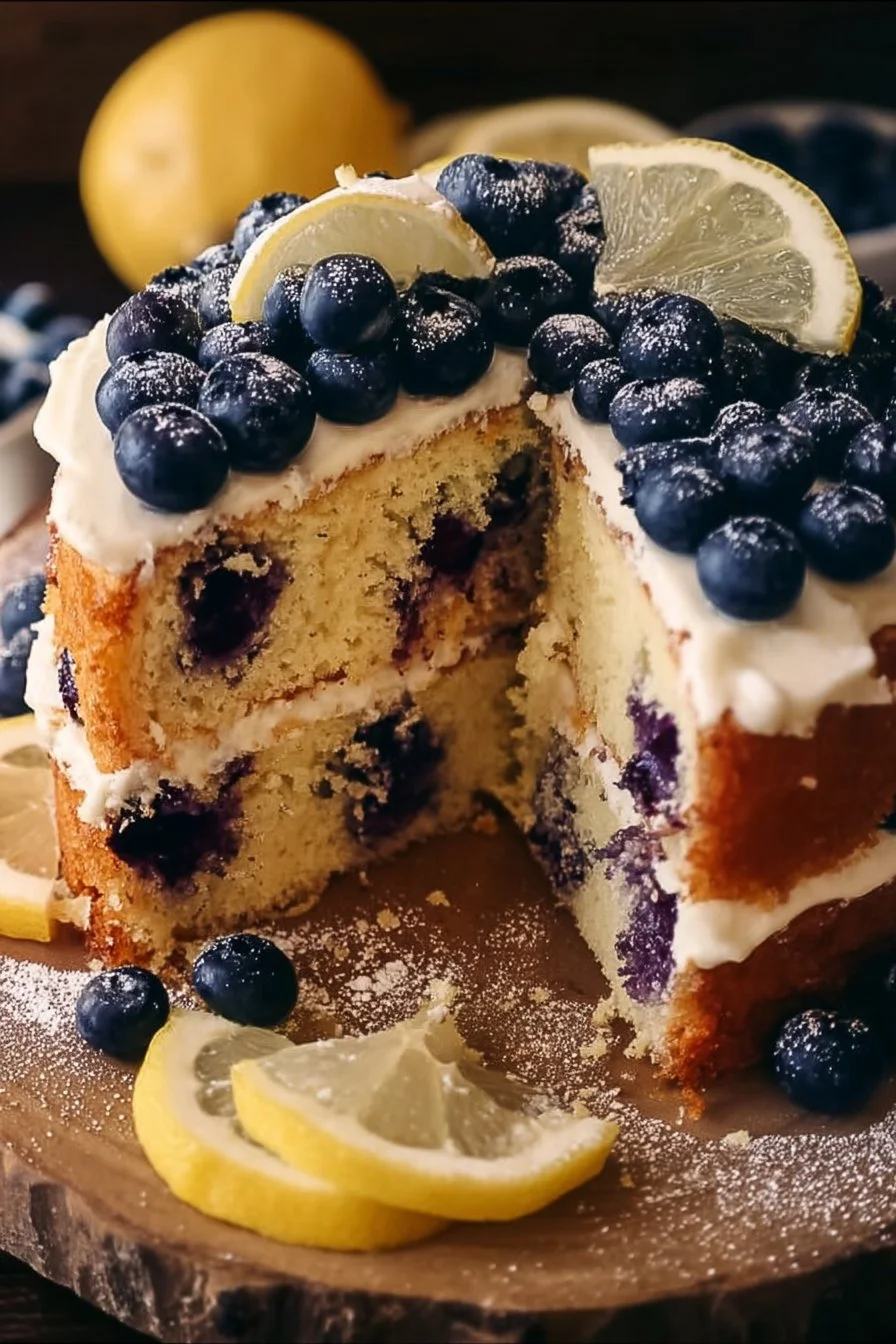 Delicious lemon blueberry cake topped with fresh berries and lemon zest
