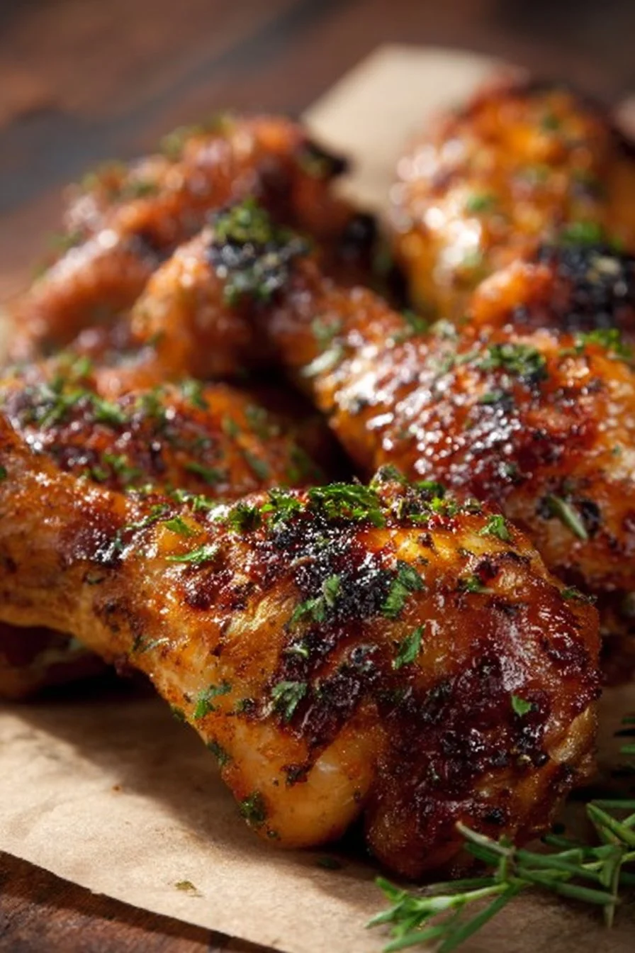 Oven-baked chicken drumsticks on a plate garnished with herbs