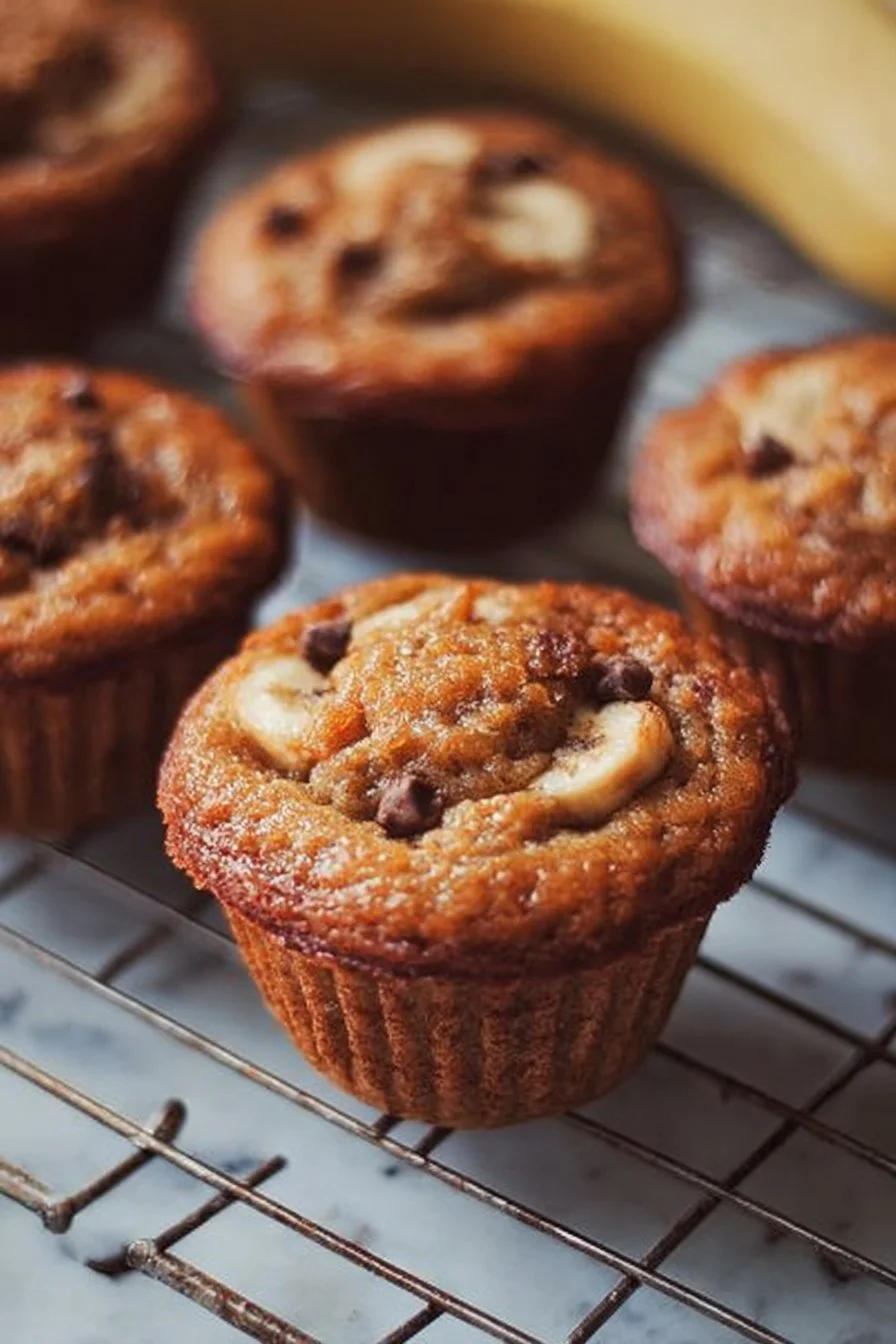 Freshly baked peanut butter banana muffins served on a rustic wooden table.