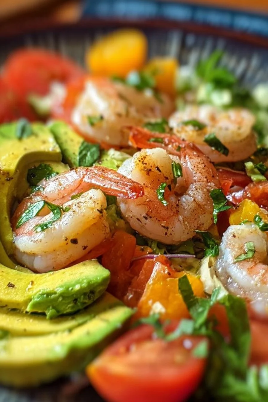 Fresh shrimp avocado salad topped with lime and cilantro