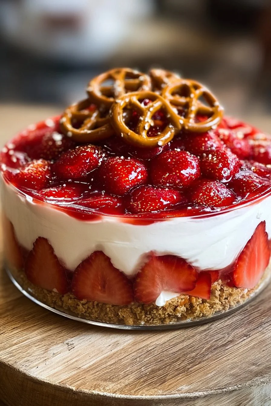 Delicious strawberry pretzel salad dessert with layers of cream and strawberries