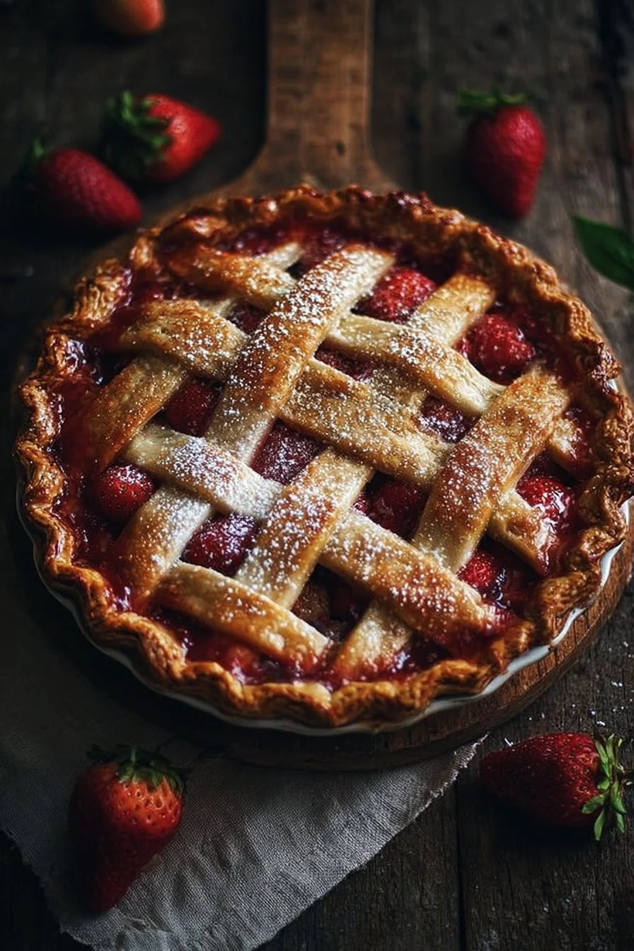 Delicious strawberry rhubarb pie served with a scoop of ice cream