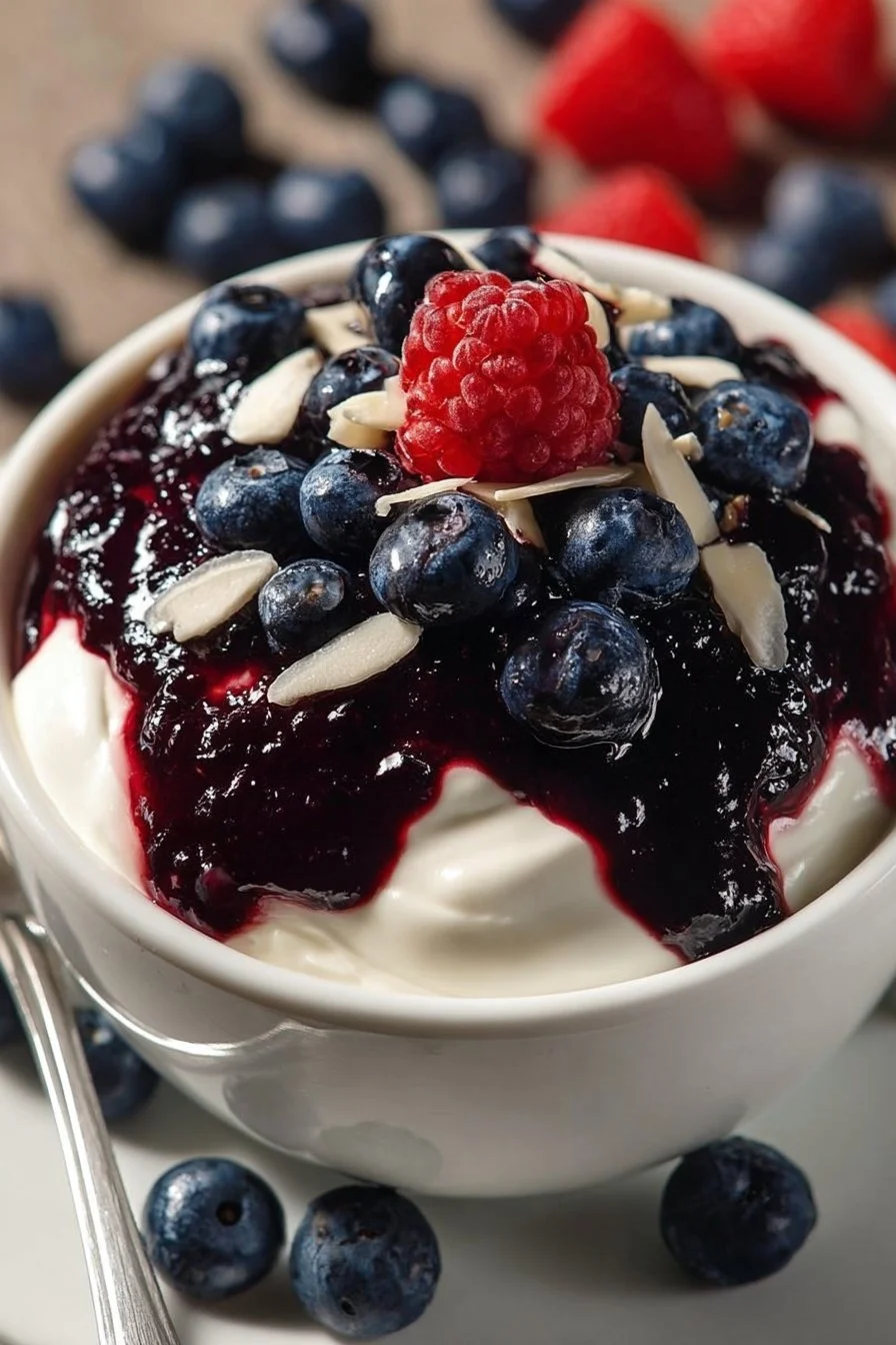 Delicious yogurt served with a colorful berry topping, perfect for a healthy snack.