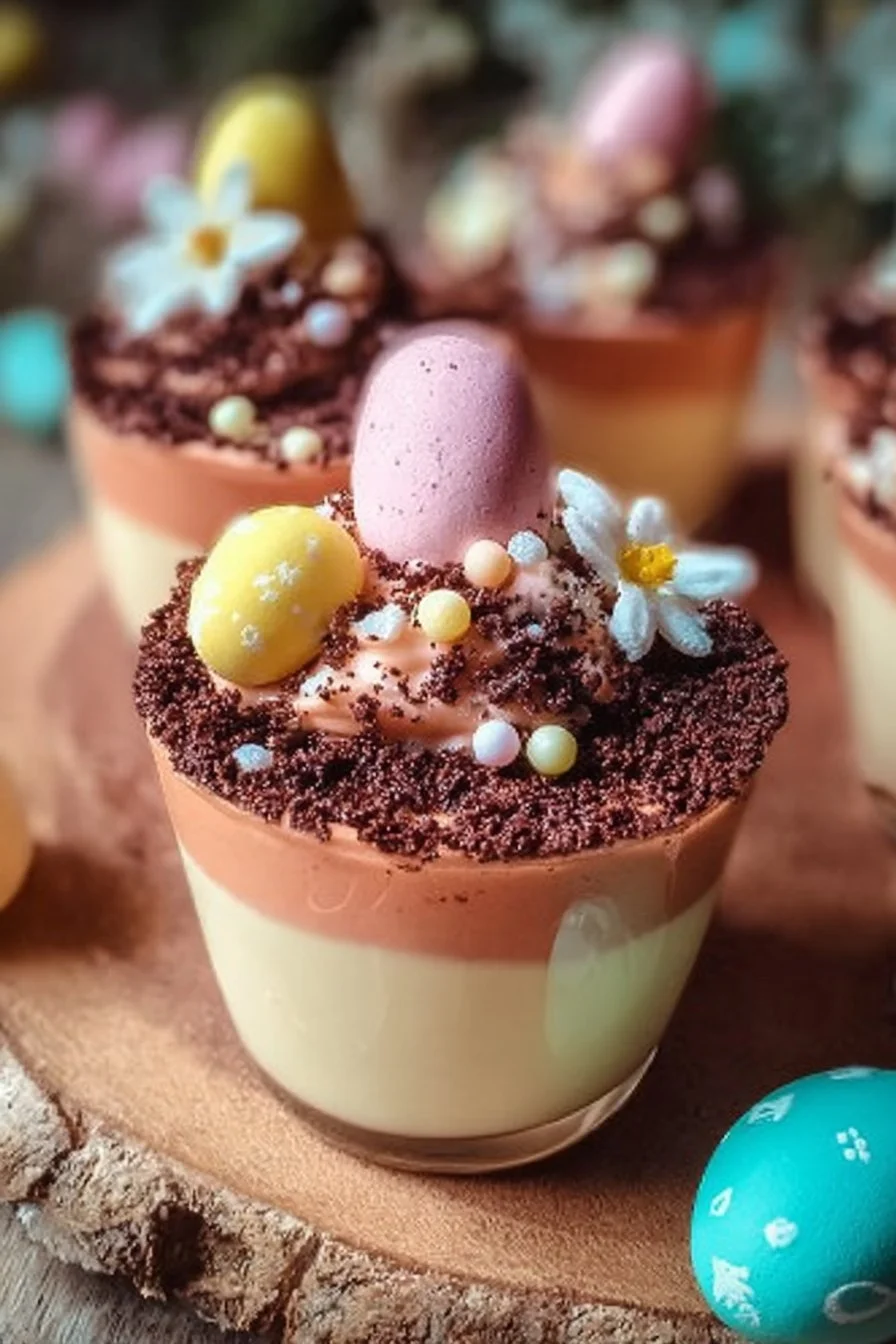 Festive Easter pudding cups topped with colorful sprinkles and chocolate.
