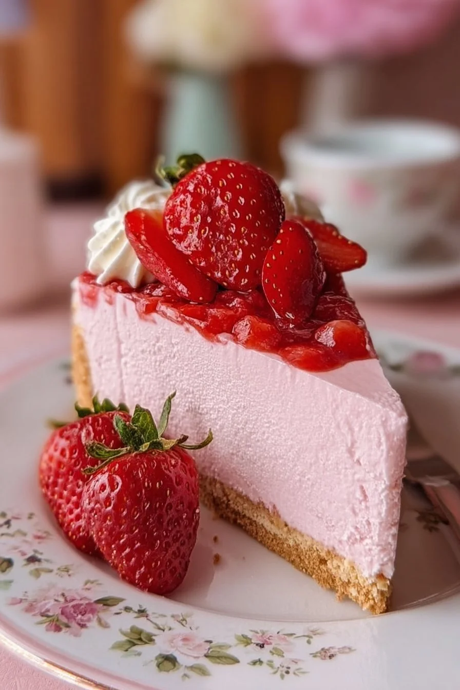 Delicious strawberry cheesecake topped with fresh strawberries and cream