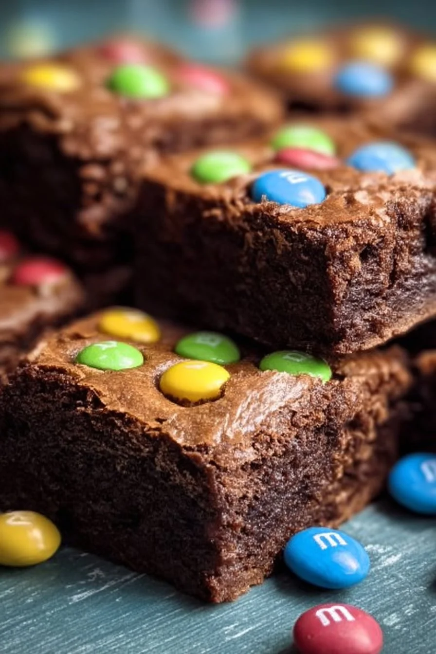 Delicious Easter brownies topped with colorful M&Ms.