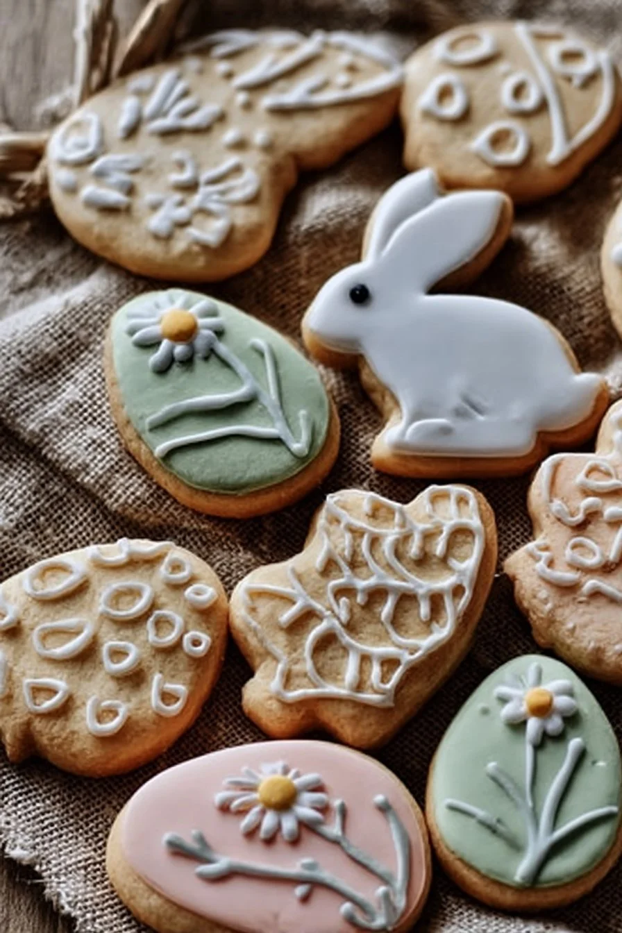 Beautifully decorated Easter cutout cookies in vibrant colors