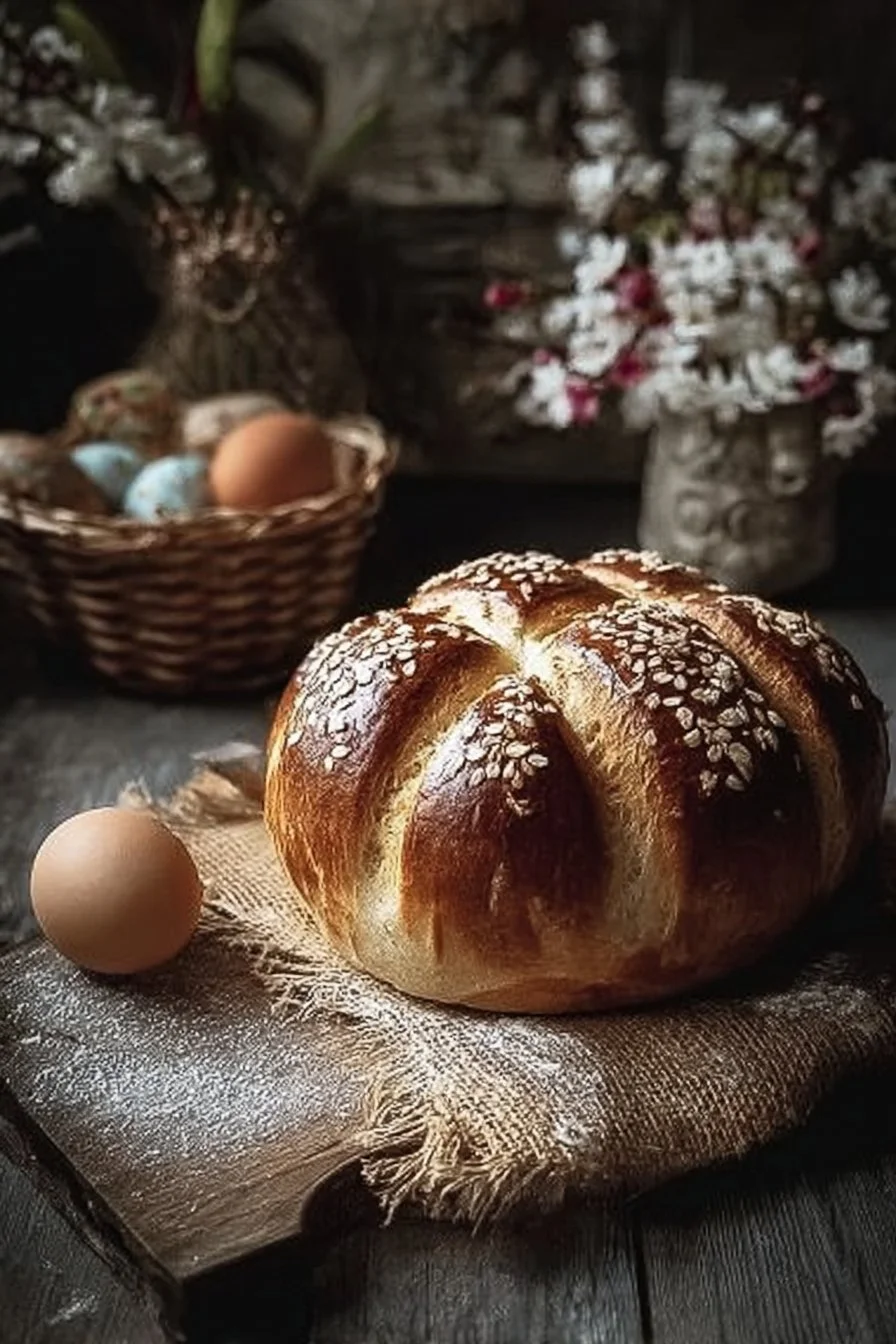 Freshly baked Easter Sourdough bread with decorative egg motifs.