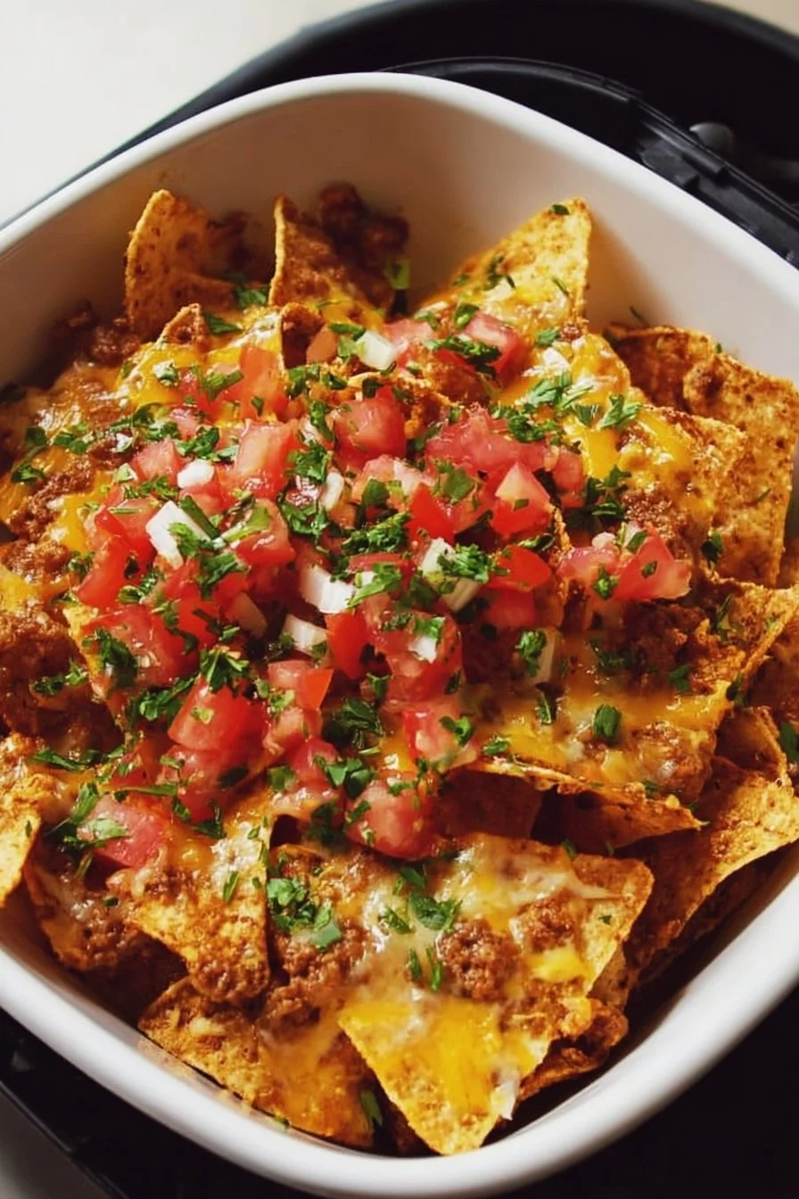 Delicious air fryer nachos topped with cheese and jalapeños