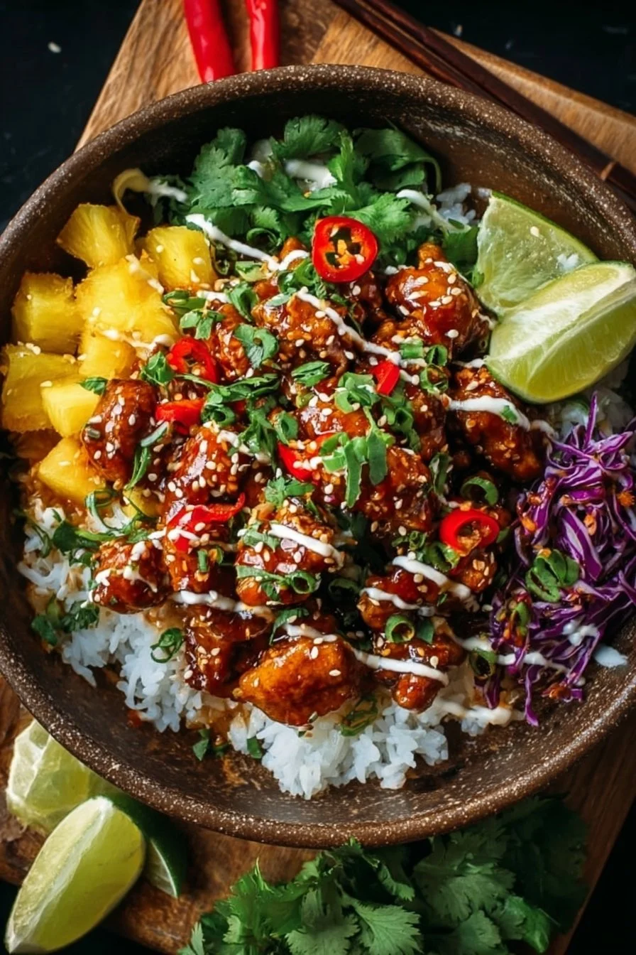 Easy sweet chili chicken bowl topped with coconut lime drizzle