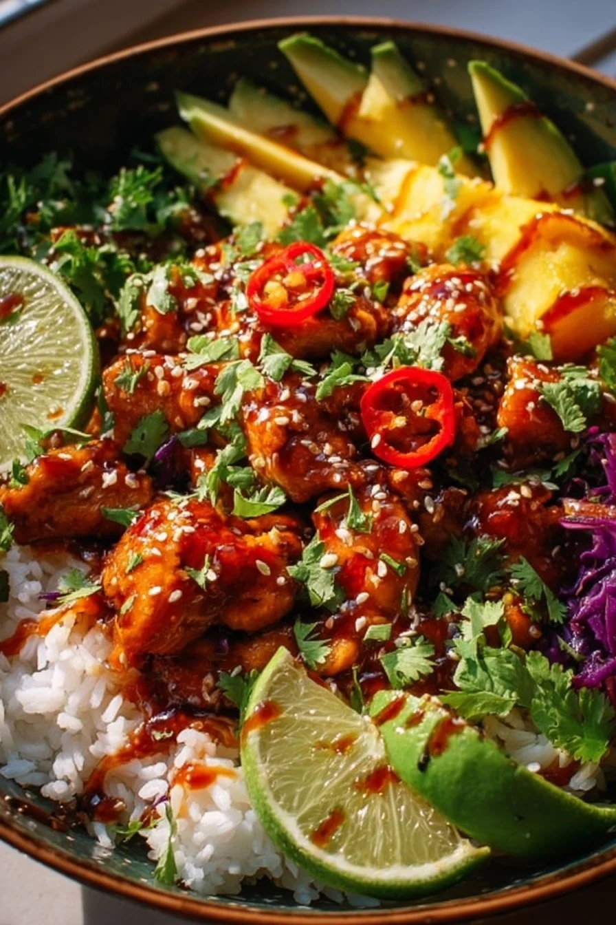 Easy sweet chili chicken bowl with coconut lime drizzle served in a colorful dish