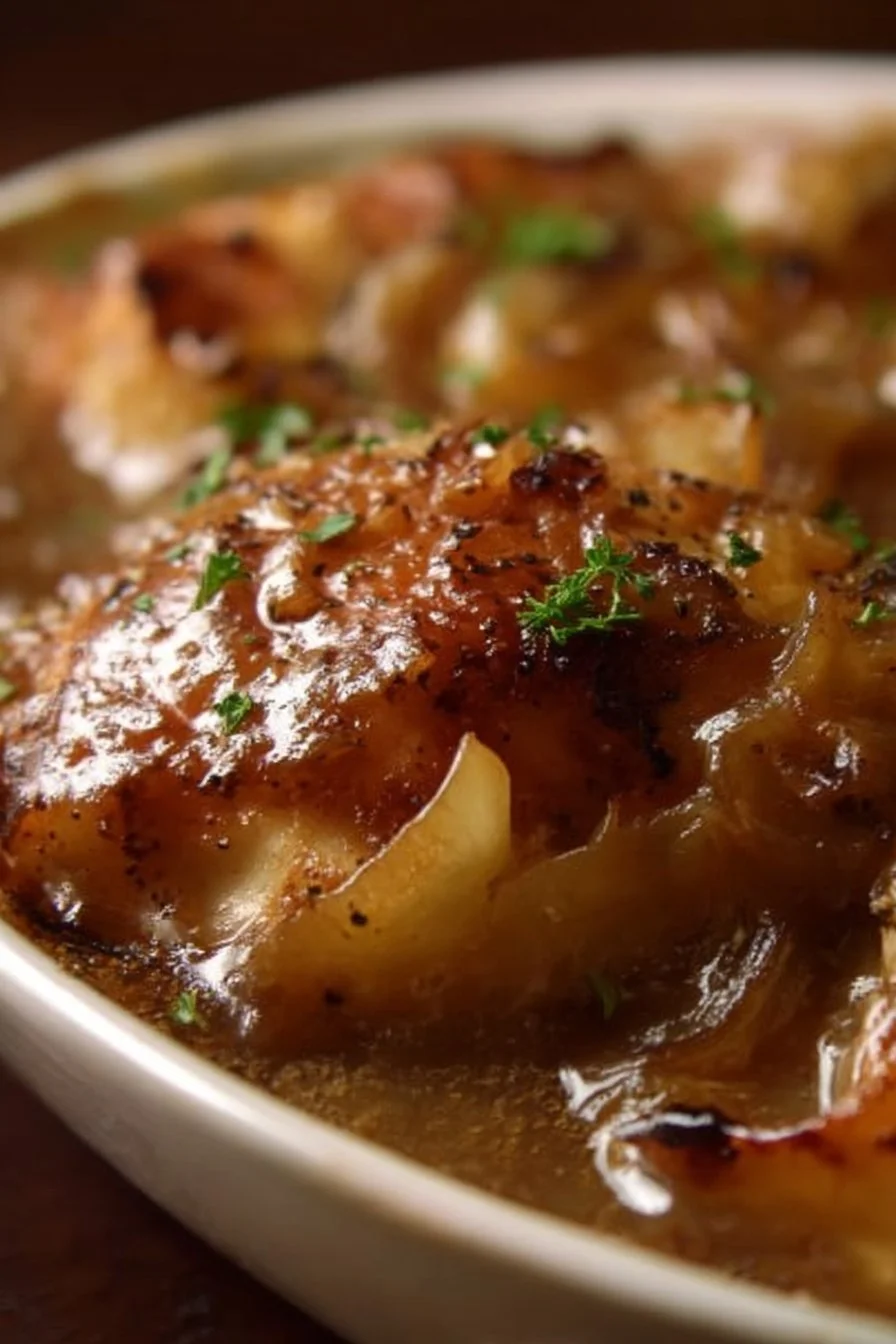Baked French onion chicken with melted cheese and caramelized onions