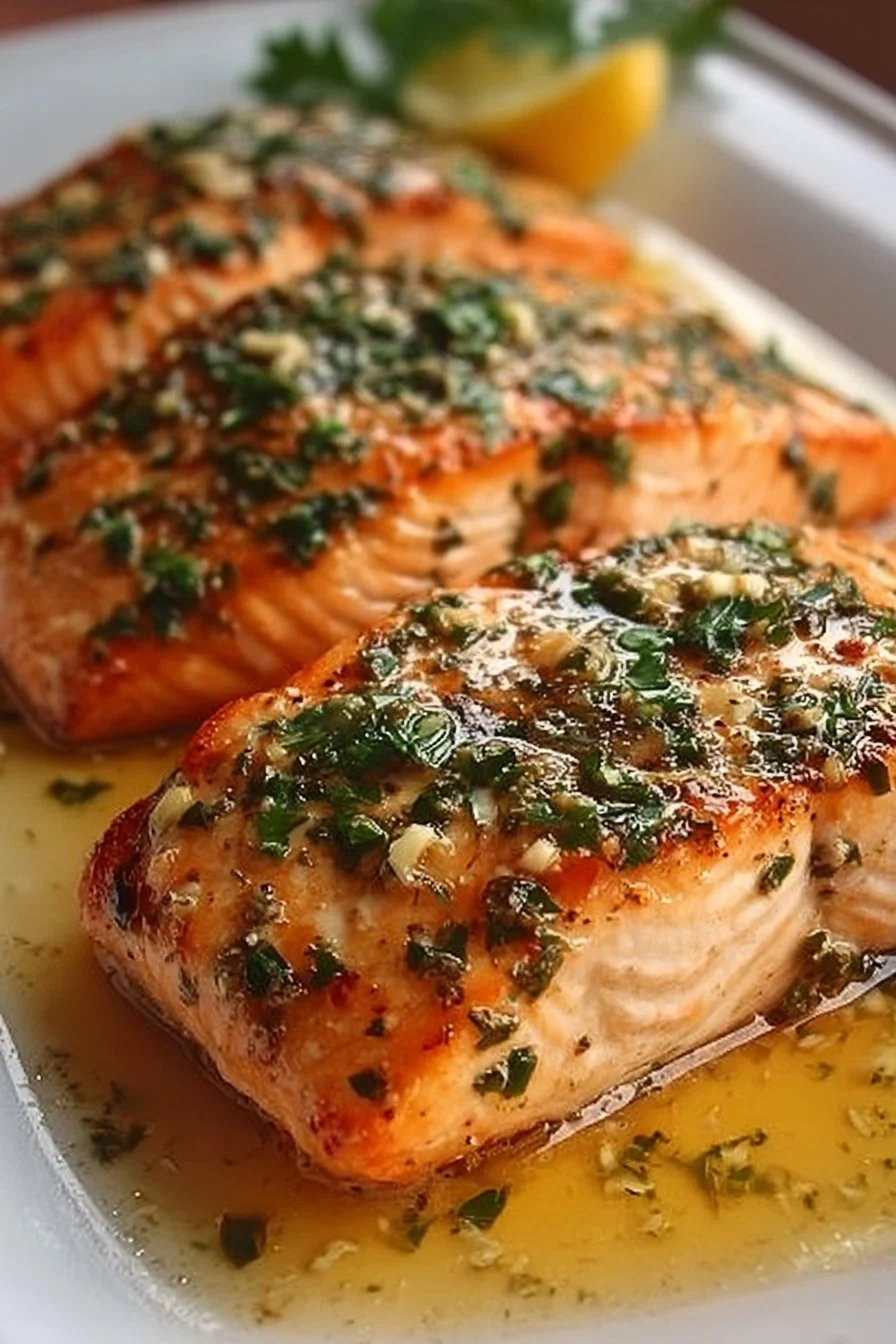 Delicious Garlic Butter Salmon served with fresh herbs and lemon