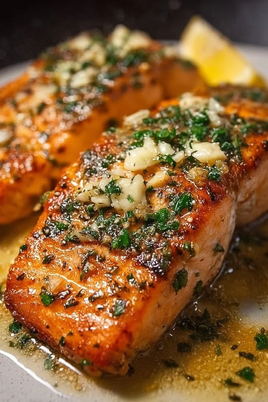 Delicious Garlic Butter Salmon fillet served with a lemon wedge and herbs.