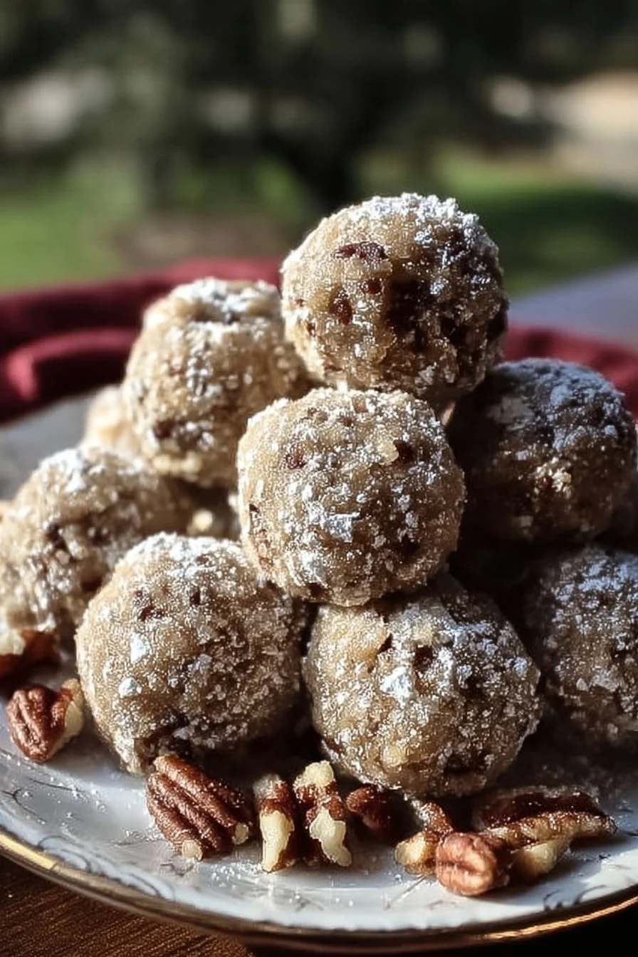 Georgia O'Keeffe's delicious Pecan Butterballs dessert on a rustic plate
